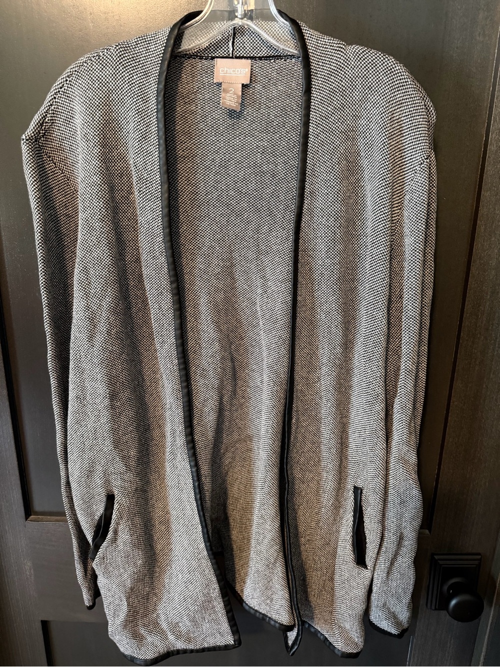 Chico's Black Leather Trim and Gray Open-Front Women’s Cardigan